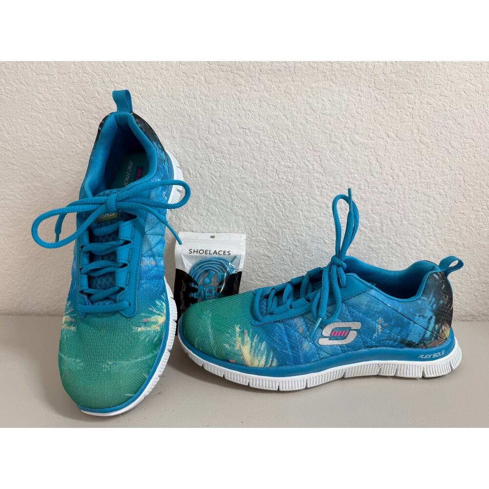 Skechers Flex Appeal Trade Winds Knit Memory Foam Sneakers Size 8 Turquoise